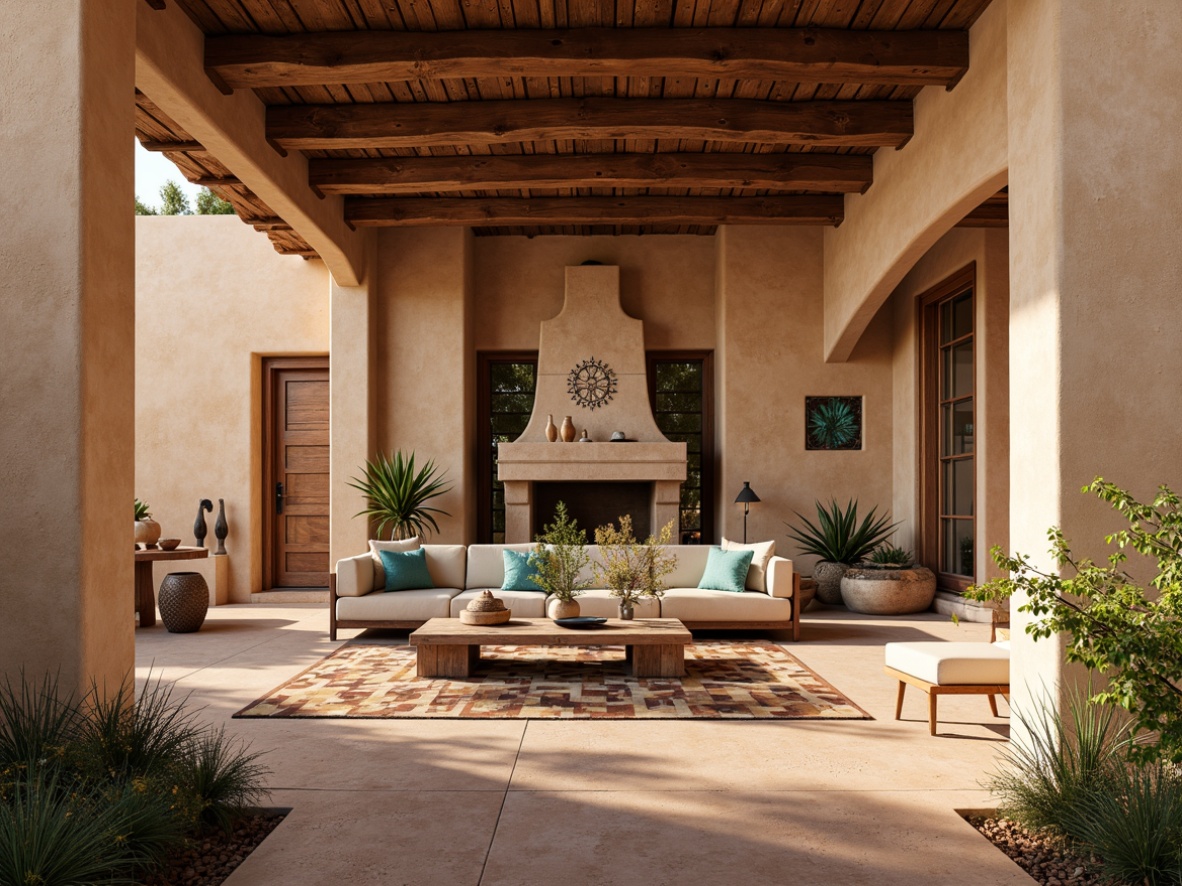 Prompt: Adobe earth tones, stucco walls, curved arches, wooden vigas, rustic wooden doors, wrought iron hardware, terracotta roof tiles, clay pottery accents, turquoise glass details, Native American patterned textiles, geometric tile work, rough-hewn wooden beams, natural stone fireplaces, desert botanicals, cactus plants, warm sunny day, soft warm lighting, shallow depth of field, 3/4 composition, panoramic view, realistic textures, ambient occlusion.