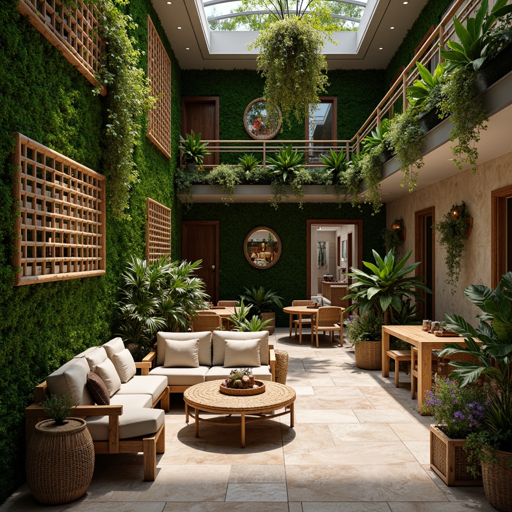 Prompt: Lush greenery walls, reclaimed wood accents, rattan furniture, woven bamboo decorations, natural stone floors, earthy tone color palette, tropical plants, exotic flowers, wooden planters, hanging vines, warm ambient lighting, cozy seating areas, organic textures, nature-inspired patterns, curved lines, open spaces, airy atmosphere, soft warm colors, shallow depth of field, 3/4 composition, realistic rendering, vibrant colorful accents.Please let me know if this meets your requirements!