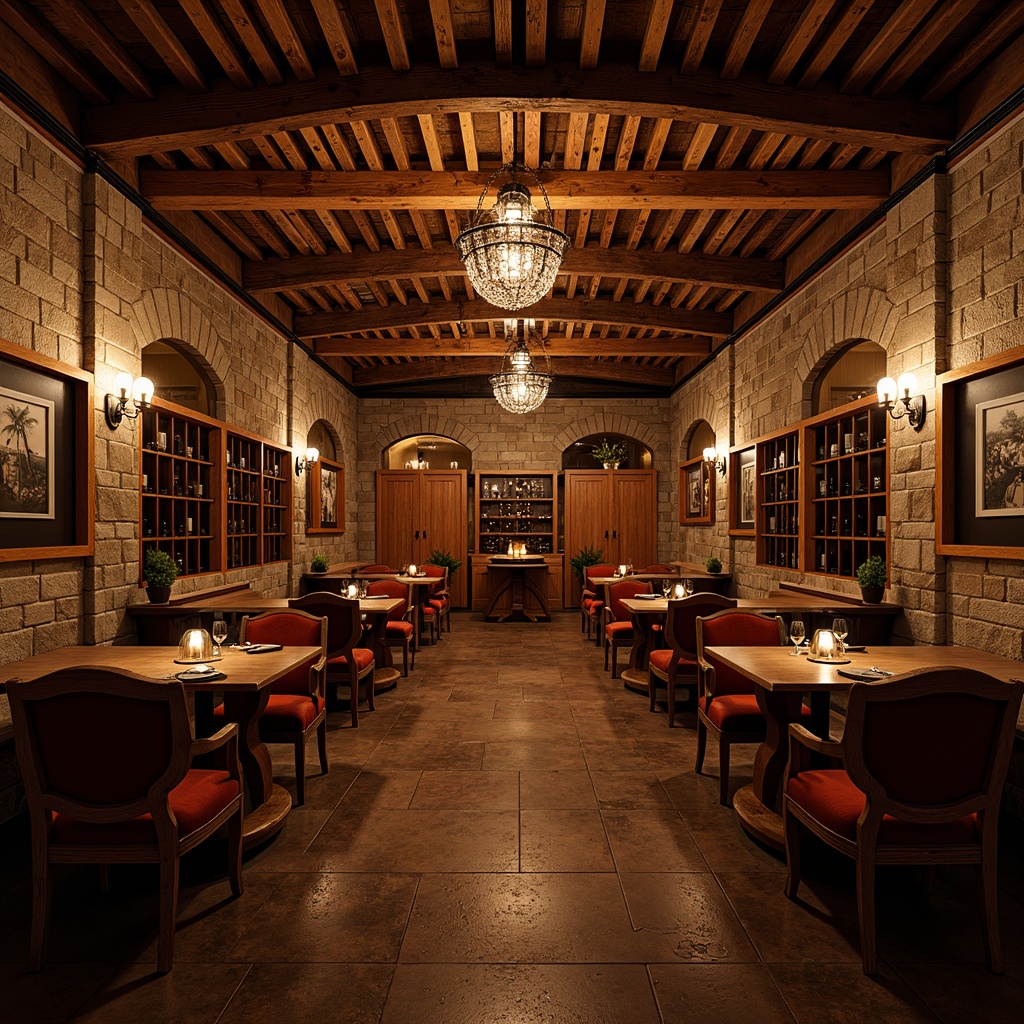 Prompt: Luxurious wine cellar, rich wood tones, ornate metalwork, dim warm lighting, stone walls, rustic brick floors, wooden wine racks, elegant tables, velvet-upholstered chairs, crystal chandeliers, ambient soft glow, shallow depth of field, 1/2 composition, intimate atmosphere, realistic textures, subtle shadows.