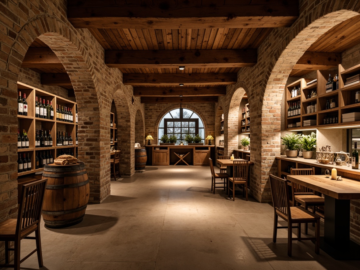 Prompt: Rustic wine cellar, natural stone walls, wooden accents, distressed wood beams, earthy color palette, soft warm lighting, rich textures, ambient shadows, barrel-shaped decor, vintage wine barrels, dimly lit atmosphere, intimate setting, reclaimed wood shelves, wrought iron fixtures, candlelight, rustic metal gates, aged brick archways, cozy nooks, classic wine bottles, wooden crates, elegant wine racks.