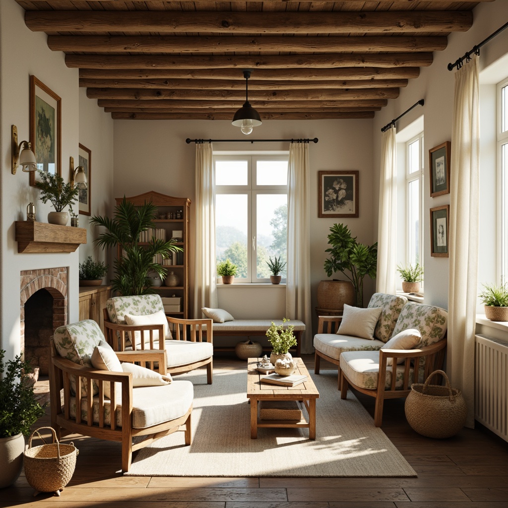 Prompt: Rustic farmhouse, soft natural light, distressed wood furniture, vintage floral patterns, linen fabrics, cotton lace trims, gentle color palette, beige tones, soft sage greens, creamy whites, warm golden yellows, velvet upholstery, subtle texture contrasts, elegant drapery, flowing curtains, relaxed casual atmosphere, cozy reading nooks, plush throw blankets, natural fiber rugs, wooden floorboards, stone fireplaces, warm candlelight, soft shadows, shallow depth of field, 1/1 composition, intimate perspective.