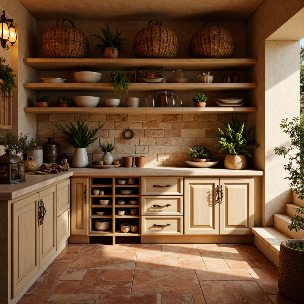 Prompt: Warm Mediterranean pantry, earthy terracotta tiles, rustic wooden shelves, vintage ceramic jars, woven wicker baskets, distressed metal lanterns, aromatic herb planters, natural stone countertops, warm beige cabinets, ornate bronze hardware, soft golden lighting, shallow depth of field, 1/1 composition, realistic textures, ambient occlusion.