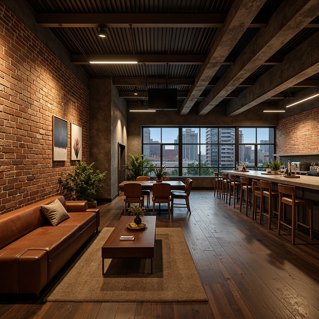 Prompt: Industrial-style hotel interior, exposed brick walls, metal beams, reclaimed wood flooring, distressed leather furniture, Edison bulb lighting, minimalist decor, concrete countertops, stainless steel appliances, urban cityscape views, modern industrial architecture, converted warehouse space, high ceilings, functional industrial elements, industrial-chic ambiance, warm neutral color palette, atmospheric nighttime illumination, shallow depth of field, 1/1 composition, realistic textures.