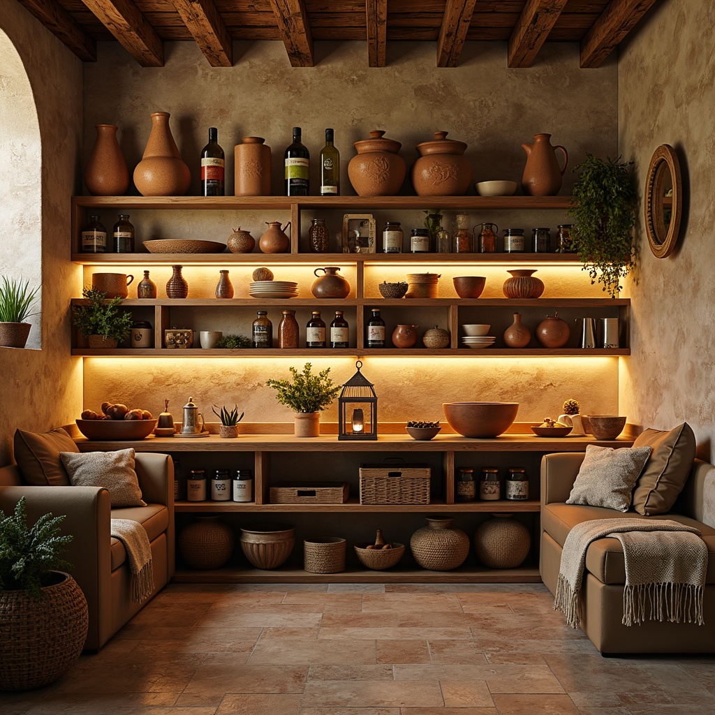 Prompt: Warm Mediterranean pantry, rustic wooden shelves, vintage ceramic jars, aromatic spices, olive oil dispensers, woven wicker baskets, earthy terracotta pots, distressed stone walls, soft golden lighting, warm beige tones, natural wood accents, ornate metal lanterns, fragrant herbs, aged wooden utensils, traditional cooking vessels, cozy seating nooks, plush throw blankets, ambient warm glow, shallow depth of field, 1/2 composition, realistic textures.