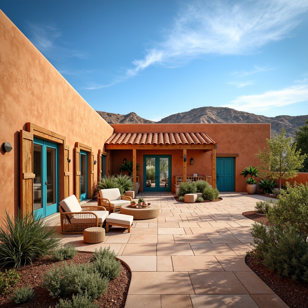 Prompt: Earthy southwestern villa, warm terracotta exterior walls, rustic wooden accents, turquoise blue doors and windows, vibrant orange-red roof tiles, stucco finishes, desert landscape, cactus plants, sandy dunes, hot sunny day, clear blue sky, vast open space, natural stone pathways, Mediterranean-inspired courtyard, lush greenery, flowering succulents, woven wicker furniture, soft warm lighting, shallow depth of field, 3/4 composition, realistic textures, ambient occlusion.