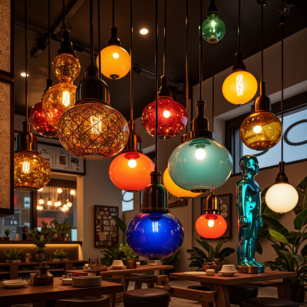 Prompt: Vibrant colored glass pendants, ornate metal sconces, eclectic mix of lamp shapes, playful use of neon lights, oversized fixtures, bold geometric patterns, asymmetrical compositions, distressed finishes, industrial chic aesthetic, exposed ductwork, reclaimed wood accents, abstract sculptures, futuristic orb-shaped lighting, moody warm tones, high contrast ratios, dramatic shadows, 1/1 composition, shallow depth of field, realistic textures.