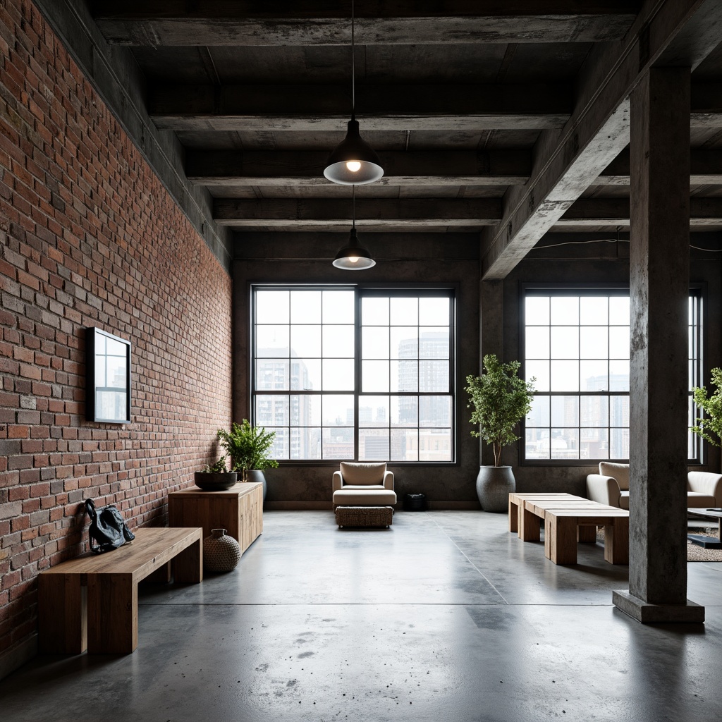 Prompt: Exposed brick walls, industrial metal beams, polished concrete floors, minimalist decor, reclaimed wood accents, raw steel columns, urban city views, floor-to-ceiling windows, natural light pouring in, airy atmosphere, open-plan living, modern brutalist architecture, monochromatic color scheme, bold geometric shapes, functional simplicity, stripped-back aesthetic, distressed textures, rough-hewn wooden benches, industrial-style lighting fixtures, dramatic shadows, 1-point perspective composition, high-contrast imagery, gritty urban feel.