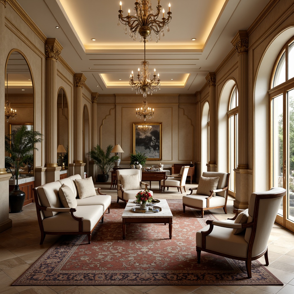 Prompt: Luxurious living room, neoclassical furniture, ornate wooden legs, velvet upholstered sofas, intricately carved mahogany armchairs, gilded frames, crystal chandeliers, marble coffee tables, richly patterned rugs, soft golden lighting, classical columns, arches, symmetrical composition, harmonious proportions, elegant lines, refined textures, subtle color palette, warm beige walls, ornate mirrors, lavish drapery, opulent fabrics.