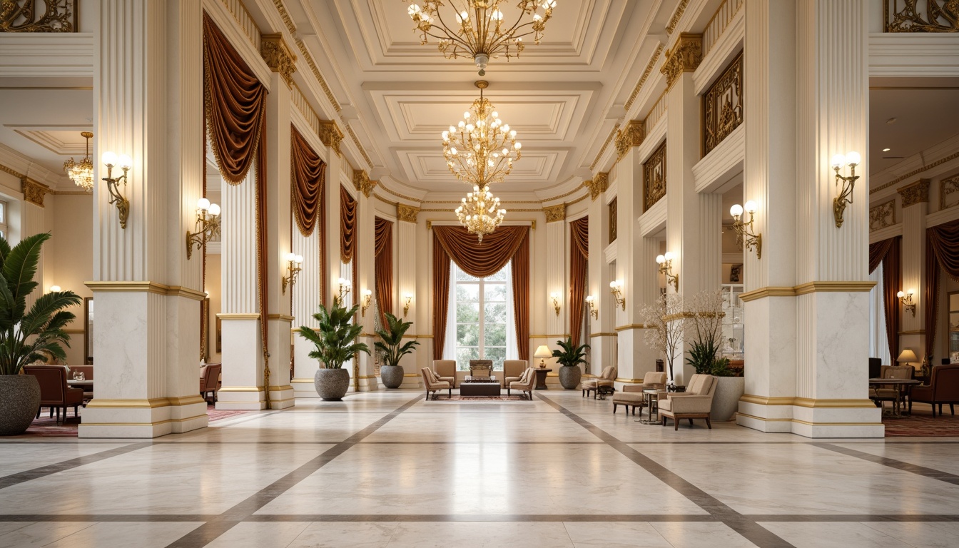 Prompt: \Elegant neoclassical building, ornate columns, symmetrical facade, creamy white marble, golden accents, rich brown wood tones, soft beige stonework, subtle cream-colored walls, intricate moldings, ornate ceiling details, grand chandeliers, luxurious velvet drapes, warm soft lighting, shallow depth of field, 1/2 composition, realistic textures, ambient occlusion.\Please let me know if this meets your expectations!