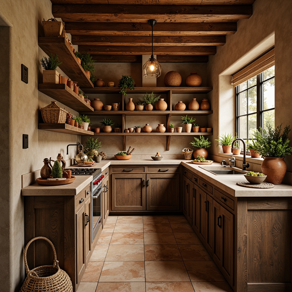 Prompt: Warm Mediterranean pantry, rustic wooden shelves, distressed finishes, ornate metalwork, earthy color palette, terracotta pots, woven baskets, natural stone countertops, ceramic tiles, warm lighting, shallow depth of field, 1/1 composition, realistic textures, ambient occlusion.