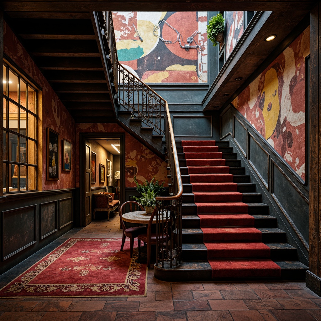 Prompt: Richly textured staircase, distressed wooden treads, ornate metal balusters, luxurious velvet carpeting, bold geometric patterns, vibrant color blocking, eclectic mix of materials, industrial chic aesthetic, exposed brick walls, reclaimed wood accents, moody dramatic lighting, deep shadows, 1/1 composition, low-angle shot, cinematic atmosphere, intricate architectural details, emotive brushstroke textures.