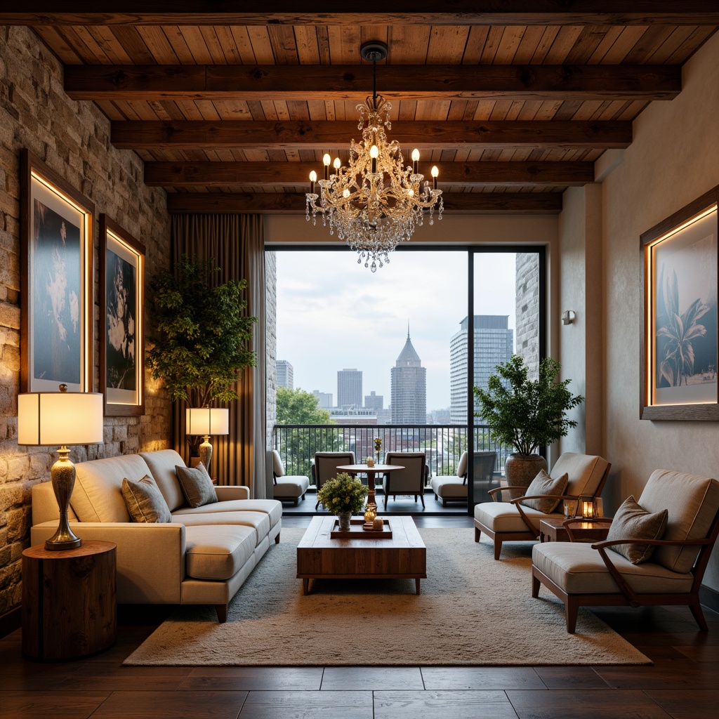 Prompt: Luxurious penthouse, French country style, rustic wooden beams, stone walls, soft warm lighting, cozy ambiance, elegant chandeliers, crystal pendant lights, table lamps with linen shades, floor lamps with distressed finishes, candles in mercury glass holders, LED strip lighting under furniture, warm white color temperature, high ceilings, large windows, city skyline views, modern minimalist furniture, plush area rugs, natural fiber upholstery, vintage decorative accessories, subtle aromas, sophisticated color palette.