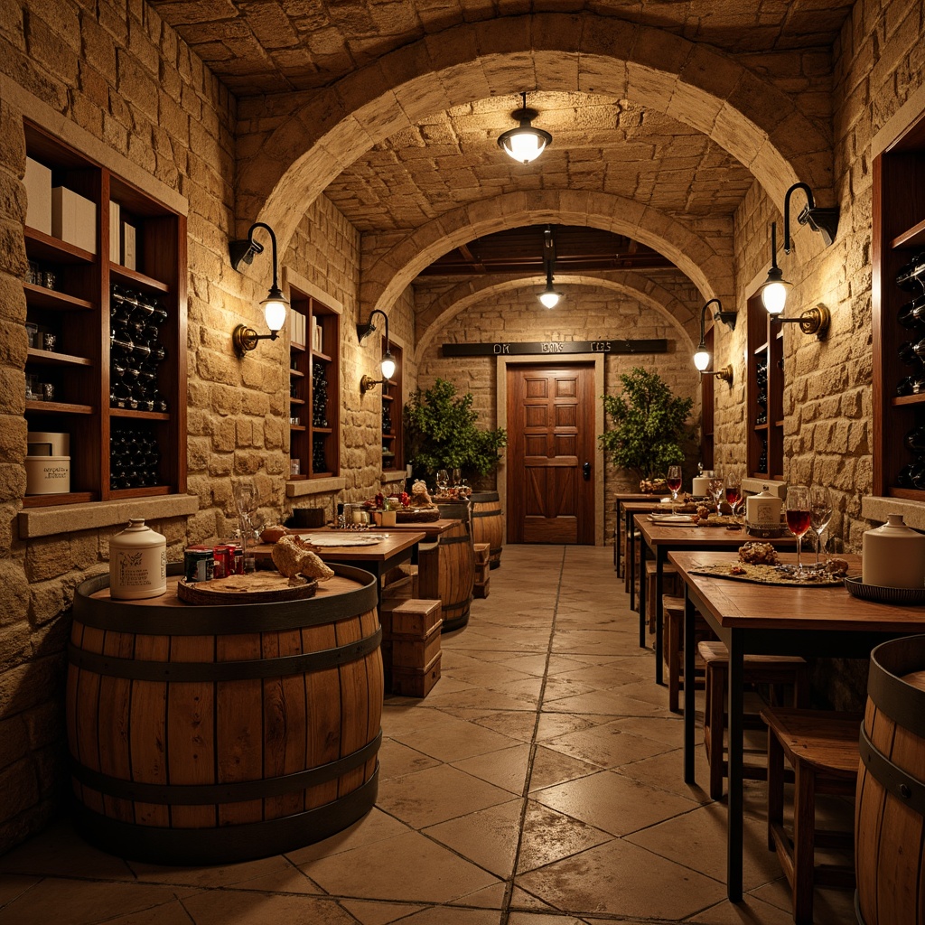 Prompt: Rustic wine cellar, stone walls, wooden barrels, dim warm lighting, earthy tones, natural textures, distressed wood accents, vintage metal signs, old world charm, arched doorways, brick arches, wrought iron fixtures, soft candlelight, rich red wines, elegant wine racks, wooden crates, aged oak shelves, cozy intimate atmosphere, warm beige colors, earthy scents, rustic country feel, classic traditional style, ornate metalwork, dimly lit corners.