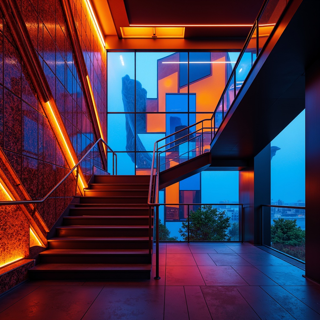 Prompt: Expressive staircase, bold geometric shapes, vibrant color blocking, abstract patterned walls, dynamic angular lines, futuristic LED lighting, polished metal handrails, sleek glass balustrades, modern minimalist decor, industrial chic atmosphere, dramatic shadows, high-contrast textures, cinematic composition, 1/1 aspect ratio, low-key lighting, moody ambiance, artistic abstraction.