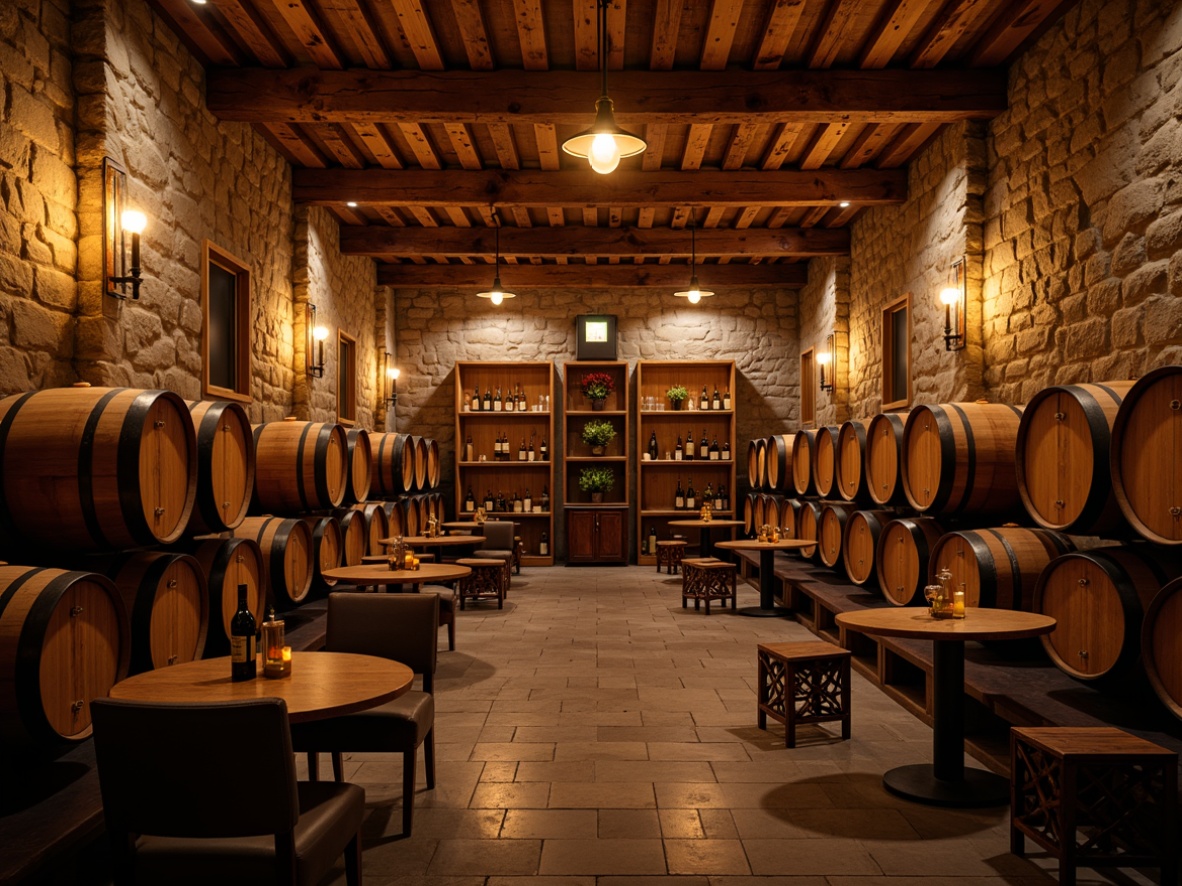 Prompt: Rustic wine cellar, warm earthy tones, wooden barrels, stone walls, dimmable lighting, soft warm glow, pendant lamps, metal chandeliers, vintage wine bottles, rich wood accents, natural stone flooring, cozy atmosphere, intimate seating areas, wine tasting tables, ambient shadows, subtle color grading, cinematic composition, shallow depth of field.