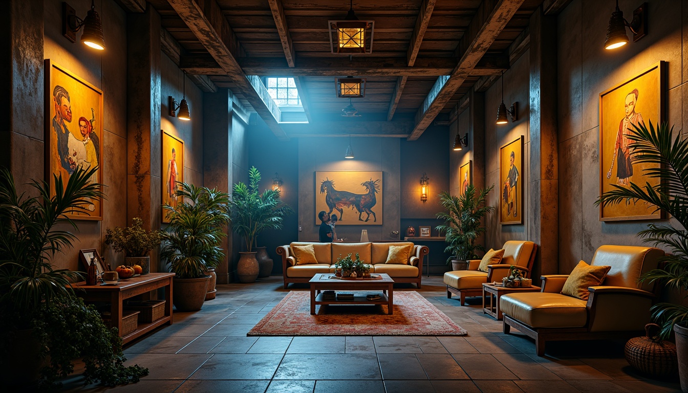 Prompt: Dramatic interior space, bold color palette, high contrast lighting, warm golden tones, cool blue shadows, accentuated textures, ornate furnishings, abstract artwork, eclectic decor, vintage artifacts, distressed finishes, rustic wooden accents, industrial metal fixtures, moody atmospheric effects, cinematic composition, low-key lighting, chiaroscuro-inspired shading, soft focus blur, vibrant color grading.