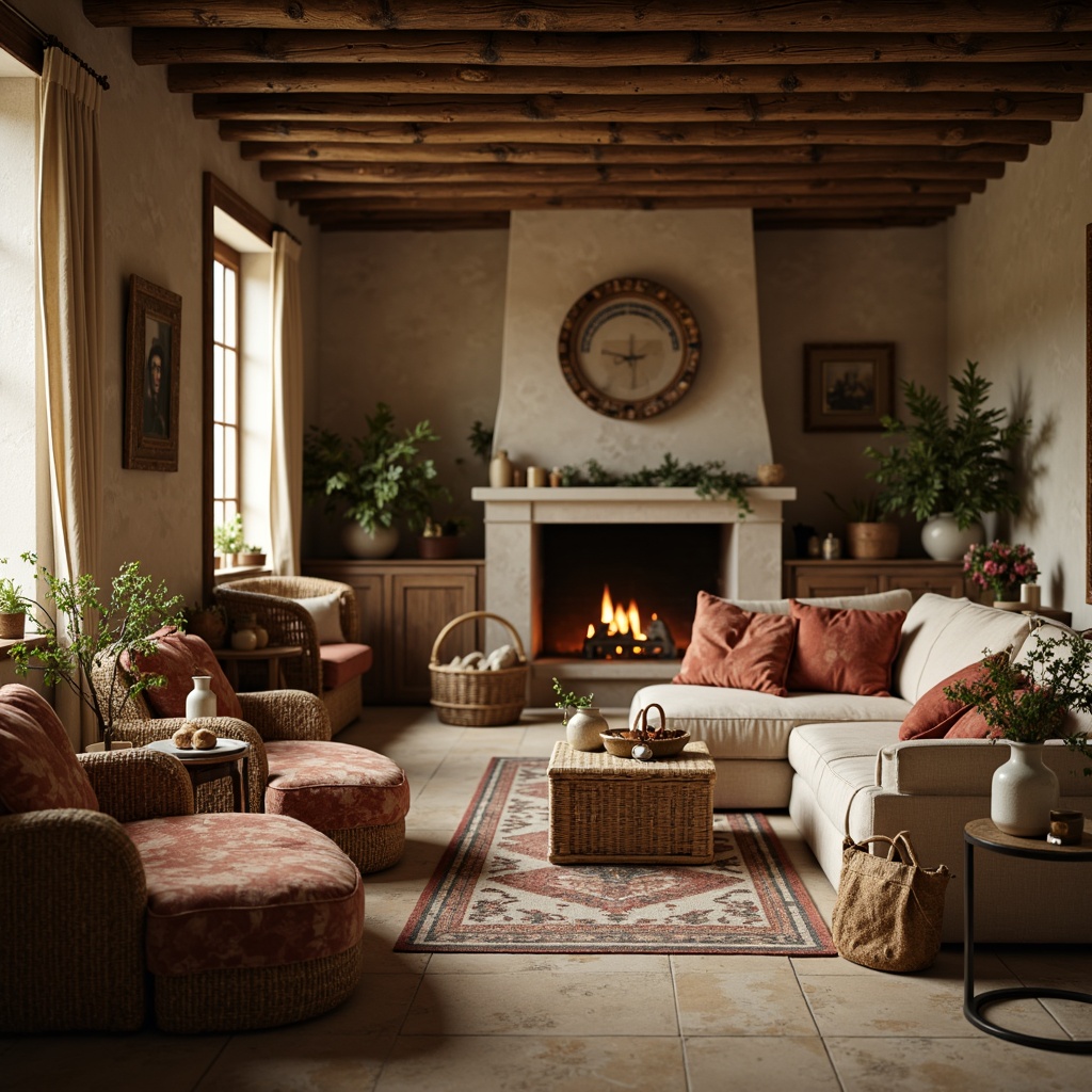 Prompt: Rustic French country estate, distressed wood accents, vintage florals, soft velvety fabrics, natural linen textiles, earthy terracotta hues, woven baskets, antique furniture pieces, ornate metalwork, candlelit ambiance, warm golden lighting, shallow depth of field, 1/1 composition, realistic textures, ambient occlusion.