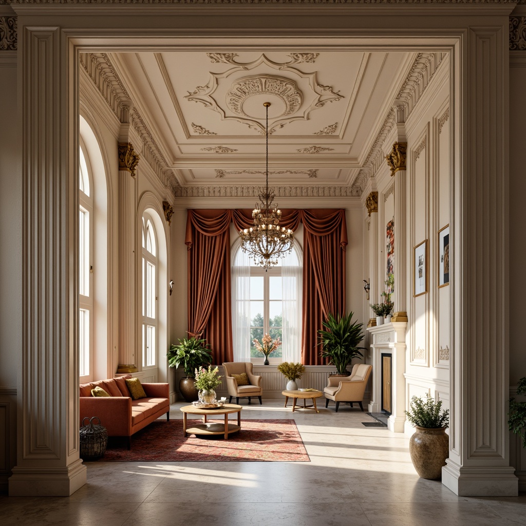 Prompt: Elegant neoclassical interior, ornate molding details, refined stucco ceilings, decorative archways, fluted columns, intricate carvings, gilded accents, lavish chandeliers, opulent fabrics, regal color palette, sophisticated furnishings, highly polished marble floors, subtle gradient lighting, soft focus effect, 1/2 composition, classical proportions, realistic textures, ambient occlusion.