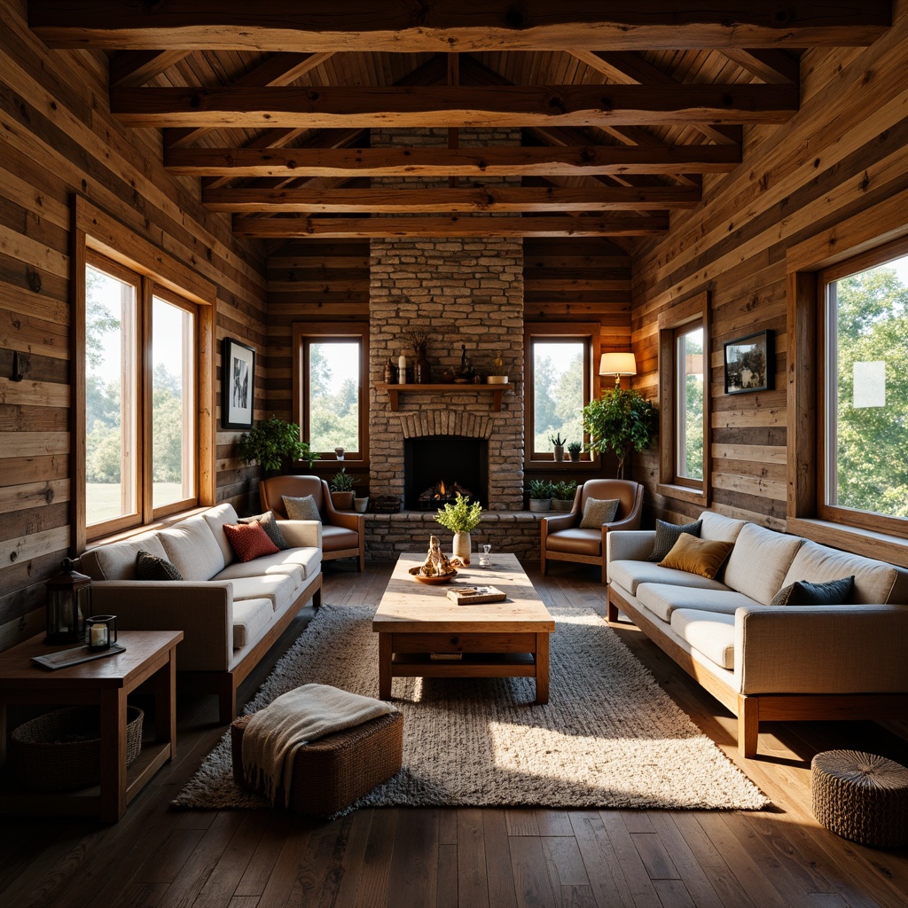 Prompt: Rustic cabin, reclaimed wood walls, wooden beams, stone fireplace, natural textures, earthy colors, wooden furniture, vintage decor, warm ambient lighting, soft shadows, distressed finishes, metal accents, industrial touches, exposed brick, rough-hewn wood, natural fiber rugs, woven baskets, candles, lanterns, cozy nooks, warm color palette, rich wood tones, organic shapes, free-form composition.