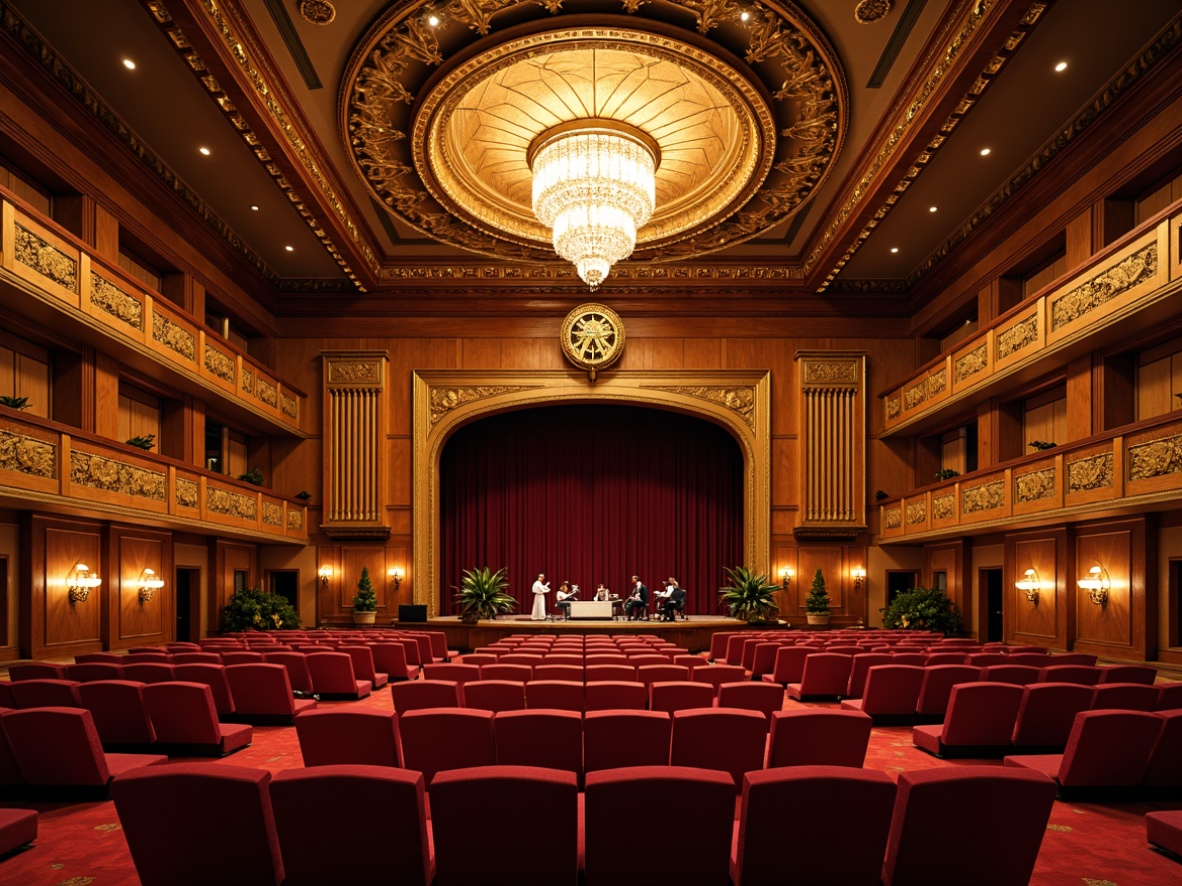 Prompt: Elegant concert hall, ornate balconies, rich wooden paneling, plush red velvet seats, intricate moldings, crystal chandeliers, refined acoustic treatment, sound-absorbing materials, precision-crafted diffusers, strategically-placed reflectors, optimal speaker placement, warm golden lighting, intimate setting, 1/2 composition, shallow depth of field, realistic textures, ambient occlusion.