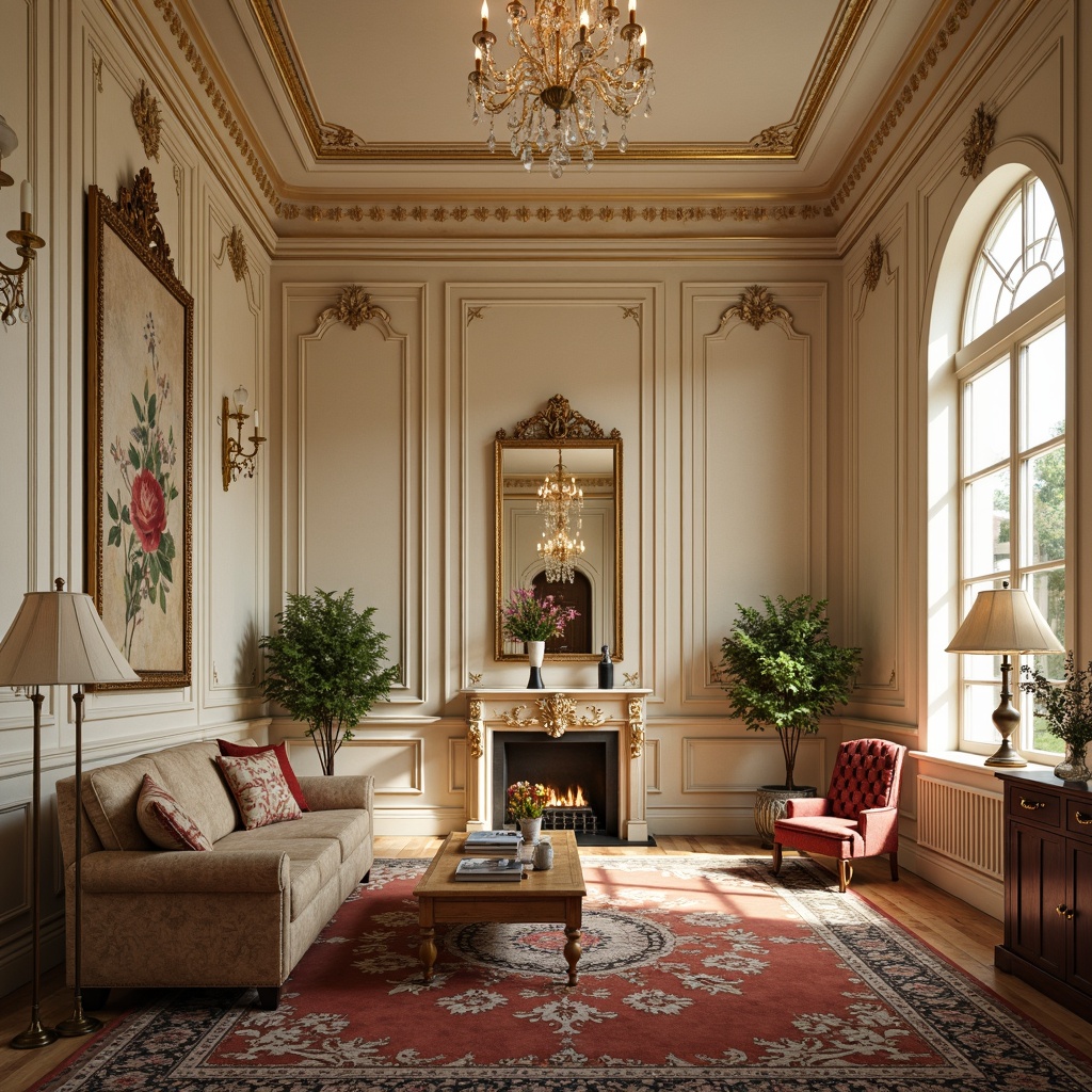 Prompt: Luxurious interior design, ornate moldings, gold leaf accents, cream-colored walls, rich wood tones, refined furniture pieces, velvet upholstery, crystal chandeliers, intricate patterns, subtle lighting effects, soft focus, shallow depth of field, 1/2 composition, warm color palette, sophisticated ambiance, opulent textures, delicate ornaments.