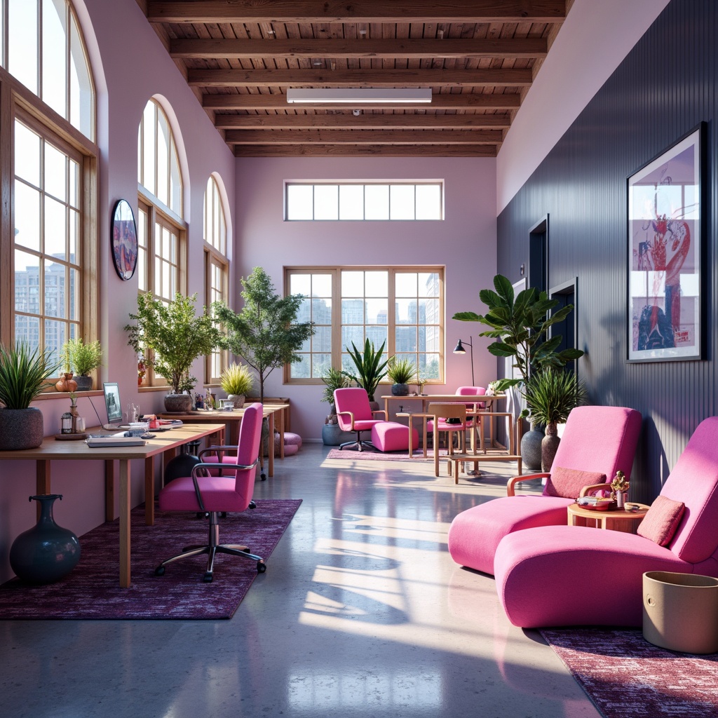 Prompt: Vibrant modern workspace, pastel hues, neon accents, sleek metallic surfaces, minimalist decor, ergonomic furniture, natural textiles, abundant daylight, soft warm lighting, shallow depth of field, 1/1 composition, realistic renderings, ambient occlusion.