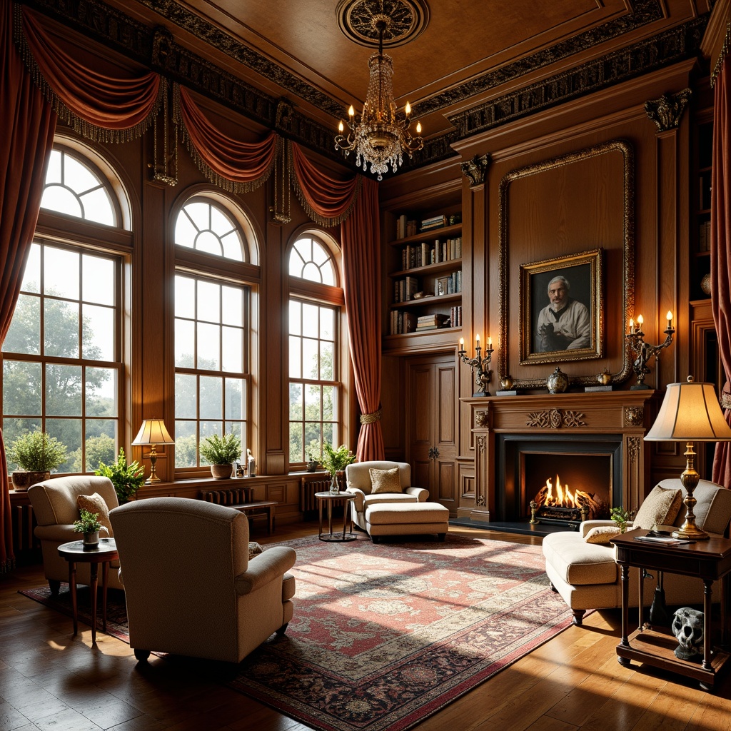 Prompt: \Opulent Victorian-style family room, rich wood paneling, intricate moldings, luxurious fabrics, velvet drapes, ornate chandeliers, table lamps, floor lamps, warm golden lighting, soft candlelight, dramatic ceiling fixtures, crystal prisms, gilded accents, cozy reading nooks, plush armchairs, vintage decorative items, classic literature books, nostalgic family portraits, warm beige walls, dark wood furniture, sophisticated color palette, high ceilings, large windows, natural daylight, afternoon sunbeams, 3/4 composition, realistic textures, ambient occlusion.\