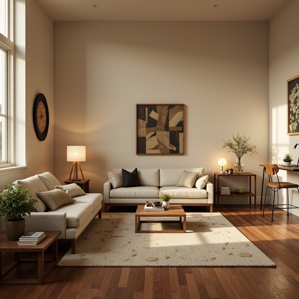 Prompt: Mid-century modern living room, warm beige walls, polished wooden floors, minimalist decor, comfortable sofas, sleek coffee tables, industrial metal chairs, Scandinavian-inspired desks, geometric patterned rugs, ambient floor lamps, natural linen fabrics, earthy color palette, soft box lighting, shallow depth of field, 3/4 composition, realistic textures, cozy atmosphere.