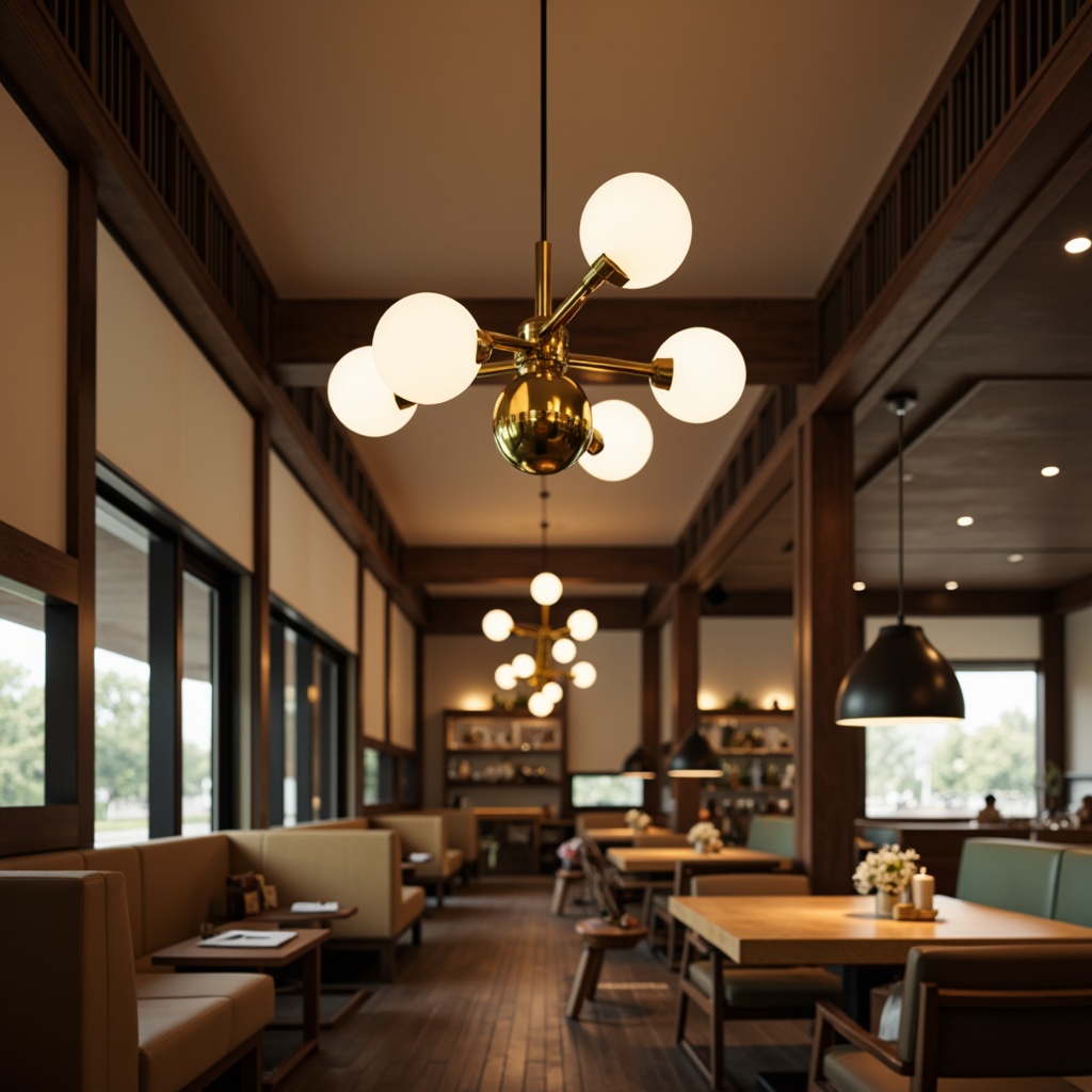 Prompt: Sleek mid-century modern interior, stylish lighting fixtures, sputnik chandeliers, globe pendants, minimalist lamps, brass accents, geometric shapes, natural wood tones, earthy color palette, retro-inspired decor, cozy atmosphere, warm ambient lighting, soft shadows, 3/4 composition, shallow depth of field, realistic textures, subtle reflections.