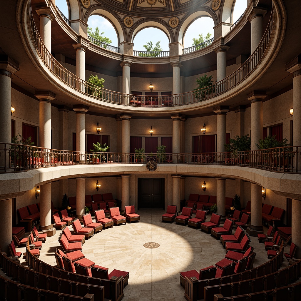 Prompt: Renaissance-style amphitheater, ornate stone columns, grand archways, intricately carved wooden benches, velvet-covered throne seats, golden accents, luxurious red carpeting, ornamental ironwork railings, tiered seating arrangement, circular stage design, warm soft lighting, dramatic shadows, 1/1 composition, intimate atmosphere, realistic textures, ambient occlusion.