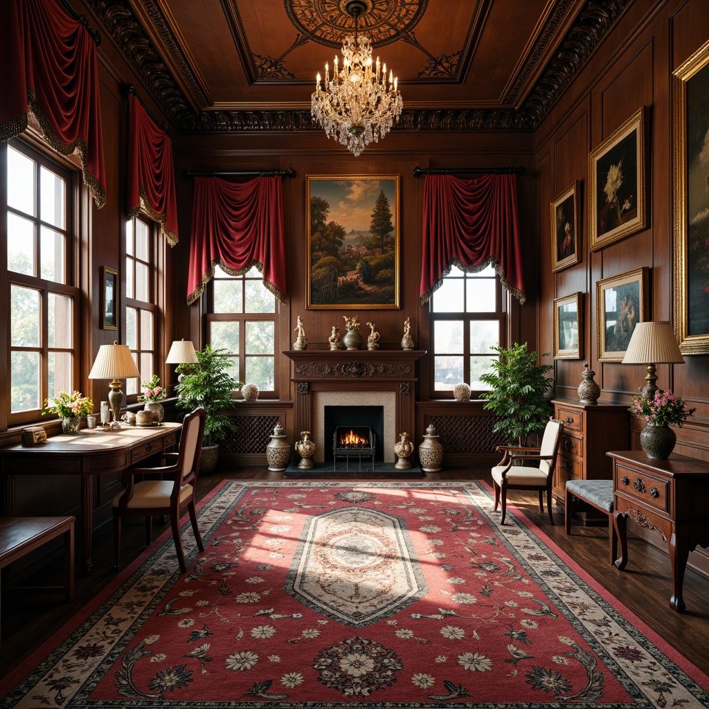 Prompt: Elegant craft room, ornate wood carvings, intricately patterned rugs, luxurious velvet fabrics, gilded picture frames, antique wooden furniture, richly colored tapestries, delicate ceramic vases, sparkling crystal chandeliers, soft warm lighting, shallow depth of field, 1/1 composition, intimate atmosphere, realistic textures, ambient occlusion.