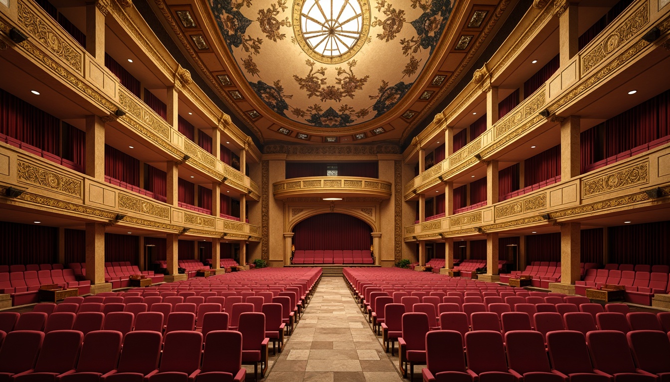 Prompt: Elegant amphitheater design, curved tiered seating, ornate golden balconies, plush red velvet chairs, intricate carvings, grandeur architecture, Renaissance-inspired ornamental details, natural stone flooring, decorative ceiling murals, warm soft lighting, shallow depth of field, 1/1 composition, panoramic view, realistic textures, ambient occlusion.