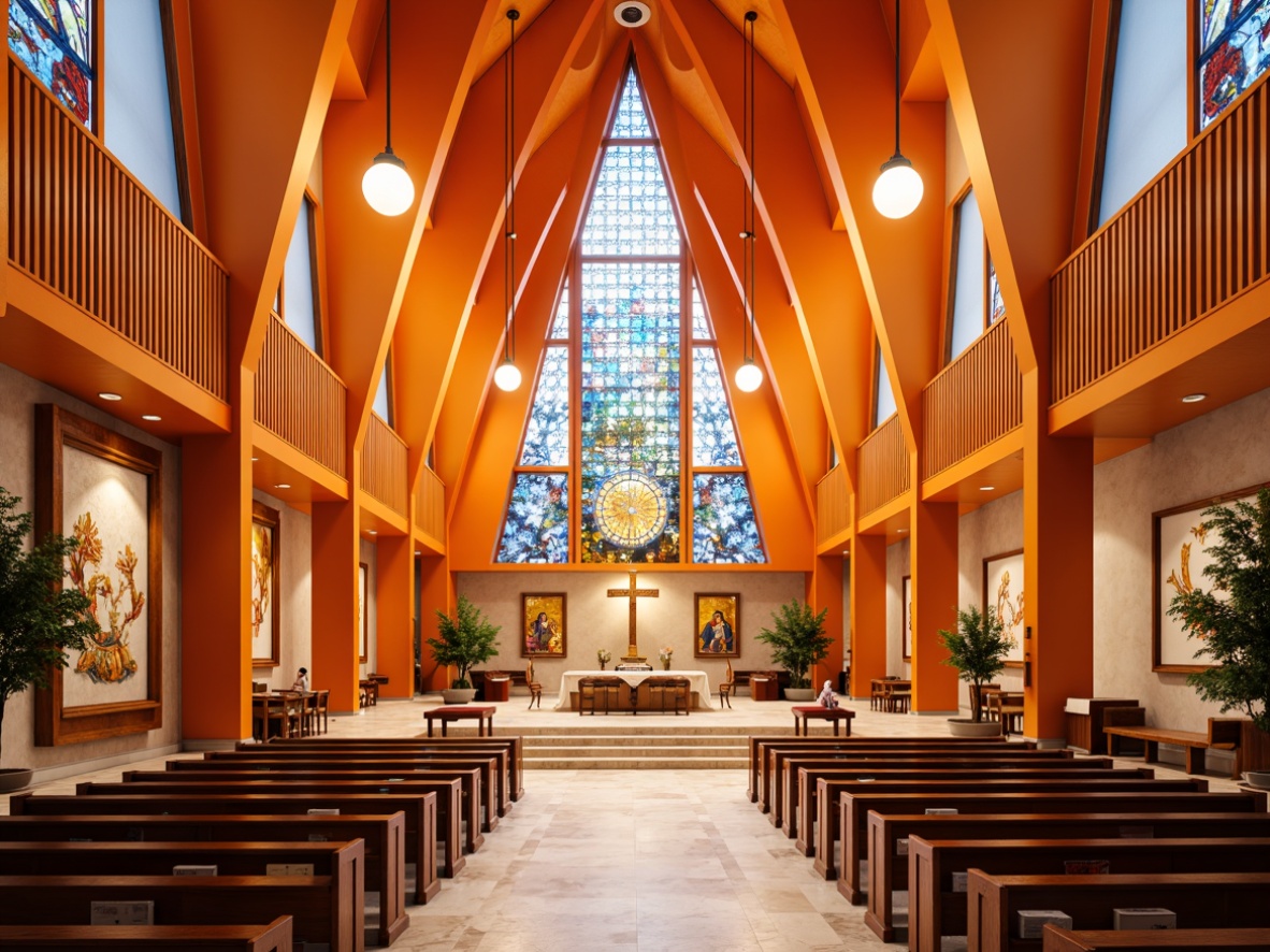 Prompt: Vibrant tangerine accents, modern religious architecture, sleek lines, minimalist design, sacred geometries, intricate patterns, stained glass windows, warm natural light, polished marble floors, ornate wooden furnishings, vibrant tapestries, ambient soft lighting, shallow depth of field, 3/4 composition, panoramic view, realistic textures, ambient occlusion.