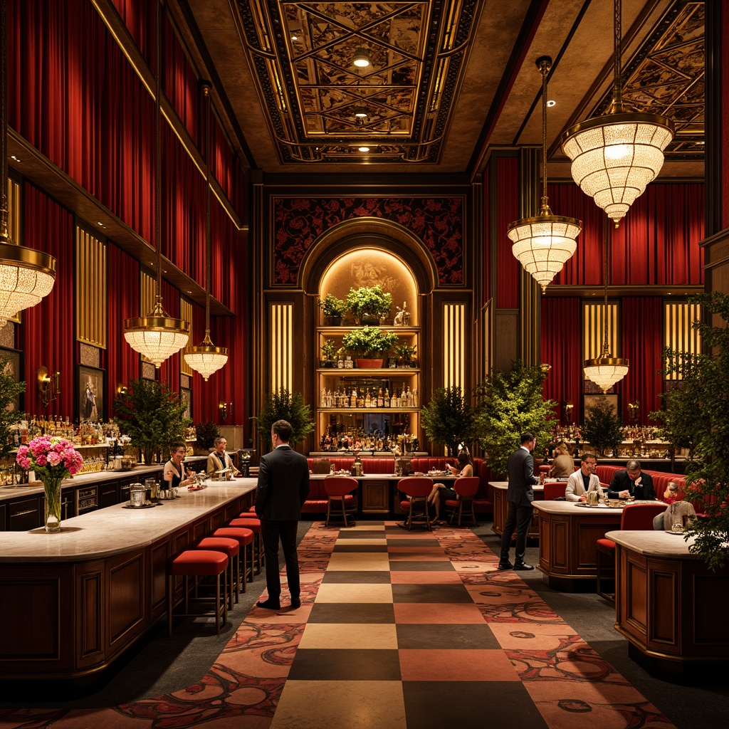 Prompt: Luxurious Art Deco bar, rich jewel-toned colors, metallic accents, opulent fabrics, lavish decorations, ornate patterns, geometric shapes, glamorous ambiance, sophisticated vibe, warm golden lighting, velvety textures, polished marble countertops, sleek chrome fixtures, luxurious velvet drapes, extravagant chandeliers, lavish flower arrangements, nostalgic 1920s flair, cinematic atmosphere, dramatic shadows, high-contrast composition, warm color harmony, vintage-inspired typography.