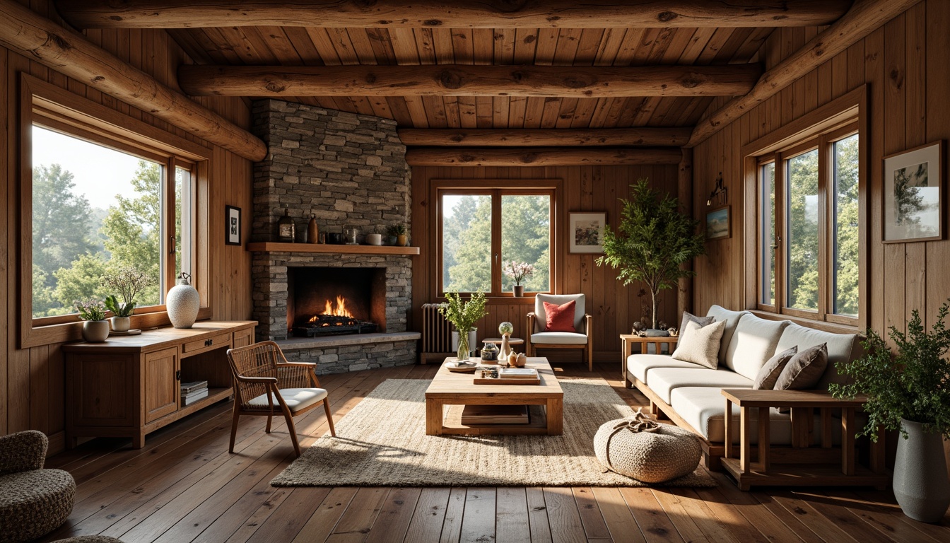 Prompt: Rustic cabin, wooden accents, natural stone walls, reclaimed wood flooring, earthy color palette, distressed finishes, vintage decorative items, exposed beam ceilings, warm cozy lighting, soft shadows, rough-hewn wood furniture, woven textiles, nature-inspired patterns, organic shapes, earthy scent, subtle grain textures, realistic wear and tear effects.