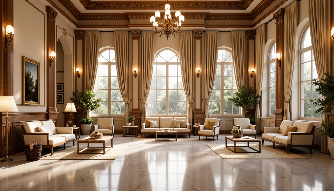 Prompt: Elegant neoclassical interior, warm beige walls, rich walnut wood accents, ornate gold moldings, creamy white marble floors, soft velvet upholstered furniture, luxurious silk drapes, subtle patterned rugs, sophisticated chandelier lighting, dramatic high ceilings, symmetrical composition, 1/2 perspective, warm golden hour lighting, realistic textures, ambient occlusion.