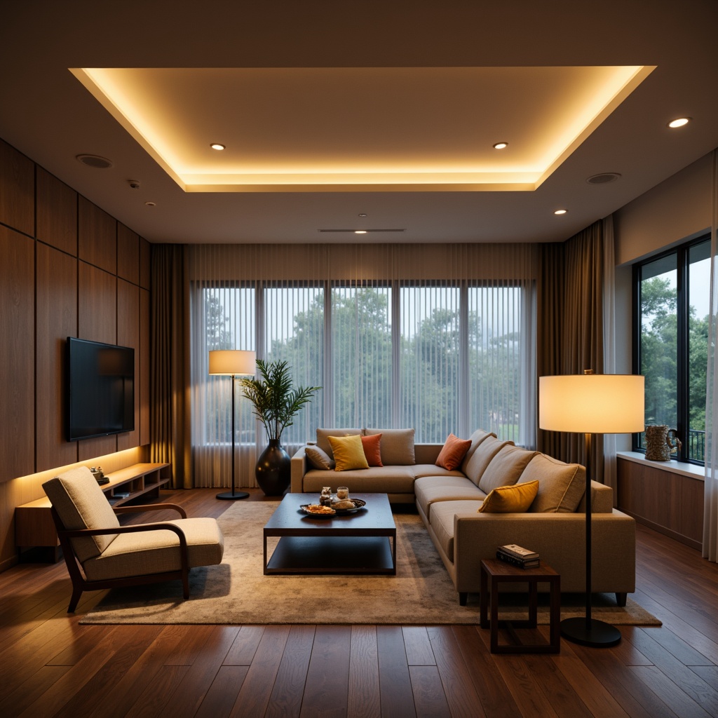 Prompt: Modern living room, sleek ceiling lights, warm ambient glow, recessed downlights, floor lamps with linen shades, table lamps with metal bases, softbox lighting, large windows with natural light, sheer curtains, minimalist decor, calm atmosphere, relaxing ambiance, 3/4 composition, shallow depth of field, realistic textures.