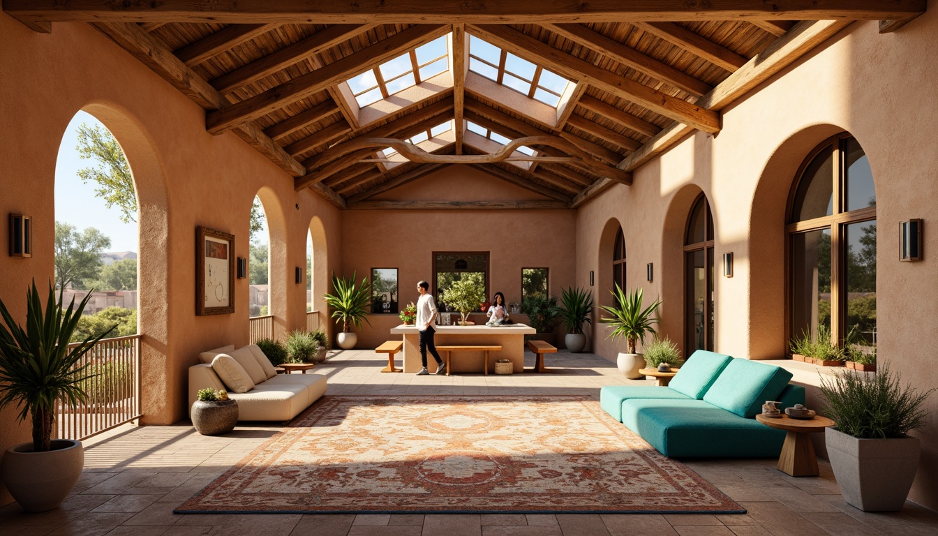 Prompt: Southwestern style library, warm earthy tones, adobe architecture, curved lines, vibrant turquoise accents, natural stonework, wooden beams, comfortable seating areas, plush furnishings, cozy reading nooks, abundant natural light, clerestory windows, desert botanicals, cacti plants, woven textiles, geometric patterns, tribal-inspired artwork, ambient warm lighting, soft shadows, 1/1 composition, symmetrical layout, relaxed atmosphere, peaceful ambiance.