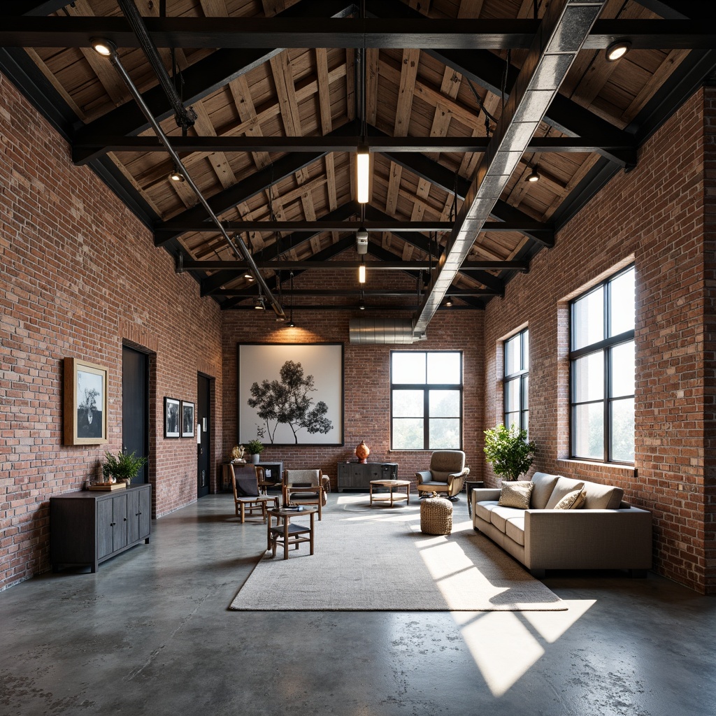 Prompt: Exposed brick walls, metal beams, reclaimed wood accents, industrial-style lighting fixtures, concrete floors, minimalist decor, functional furniture, urban loft atmosphere, abandoned factory settings, distressed textures, monochromatic color palette, high ceilings, large windows, natural light, airy openness, modern art installations, abstract sculptures, edgy metallic tones, avant-garde architecture, innovative materials, sleek lines, functional simplicity.