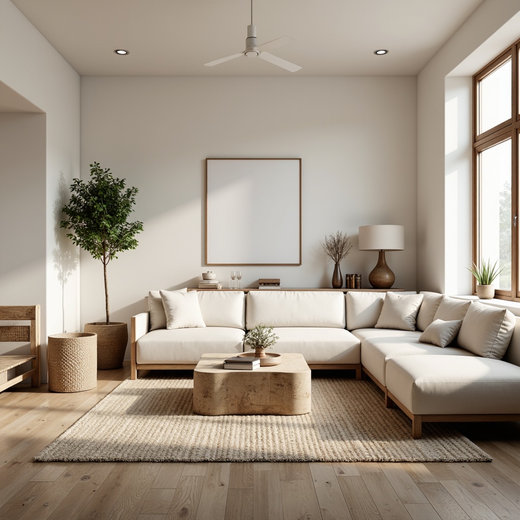 Prompt: Soothing living room, neutral color scheme, creamy whites, soft grays, calming beiges, natural textiles, woven baskets, plush area rugs, minimalist decor, subtle patterns, warm ambient lighting, cozy reading nooks, comfortable sectional sofas, reclaimed wood accents, organic shapes, delicate ceramics, peaceful atmosphere, shallow depth of field, 1/1 composition, soft focus, realistic textures.