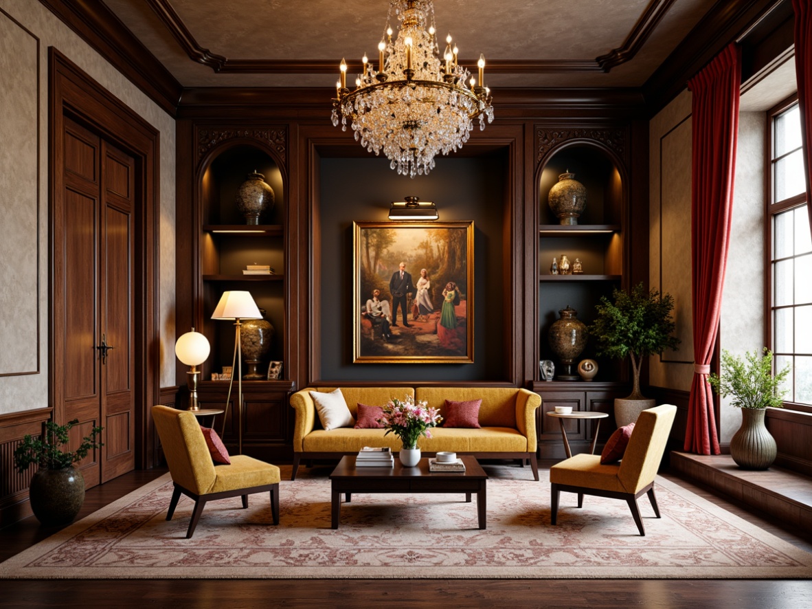 Prompt: Elegant vases, ornate mirrors, luxurious chandeliers, plush area rugs, velvet drapes, carved wooden furniture, gilded frames, marble side tables, intricate patterns, soft warm lighting, cozy reading nooks, statement wall art, decorative sculptures, refined metallic accents, lavish floral arrangements, sophisticated color palette, harmonious balance of textures.