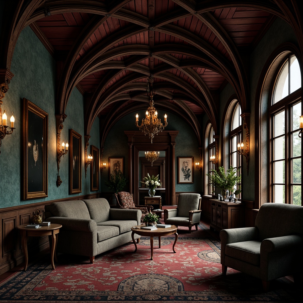 Prompt: Dark, mysterious atmosphere, gothic arches, vaulted ceilings, ornate carvings, heavy drapery, luxurious fabrics, rich jewel tones, deep reds, midnight blues, emerald greens, golden accents, metallic sheens, dimly lit spaces, dramatic shadows, warm candlelight, antique furnishings, distressed wood textures, mysterious artifacts, eerie ambiance.