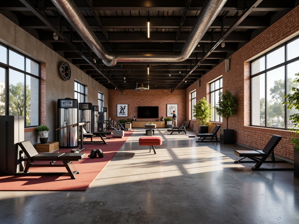 Prompt: Industrial-chic gym interior, exposed brick walls, polished concrete floors, metallic accents, reclaimed wood paneling, bold color schemes, dynamic lighting systems, floor-to-ceiling windows, minimalist decor, modern fitness equipment, sleek flooring transitions, rustic wooden beams, distressed metal finishes, urban-inspired textures, high-contrast visual elements, dramatic shadows, 3/4 composition, shallow depth of field, realistic reflections.