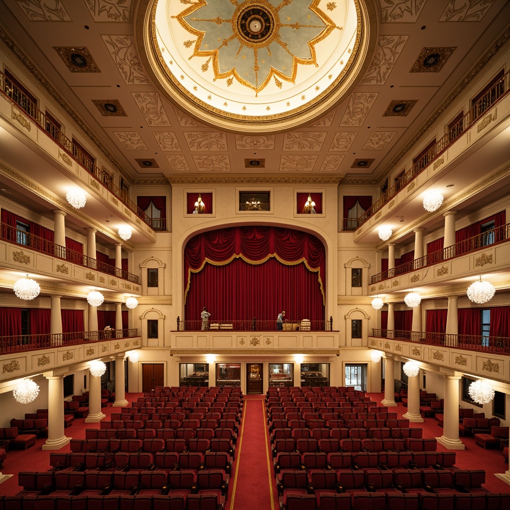 Prompt: Grand opera house, neoclassical architecture, ornate gold details, rich velvet curtains, luxurious red carpeting, cream-colored marble columns, intricate moldings, crystal chandeliers, majestic staircases, opulent furnishings, lavish balconies, golden leaf accents, subtle fresco ceilings, warm soft lighting, shallow depth of field, 1/1 composition, symmetrical view, realistic textures, ambient occlusion.