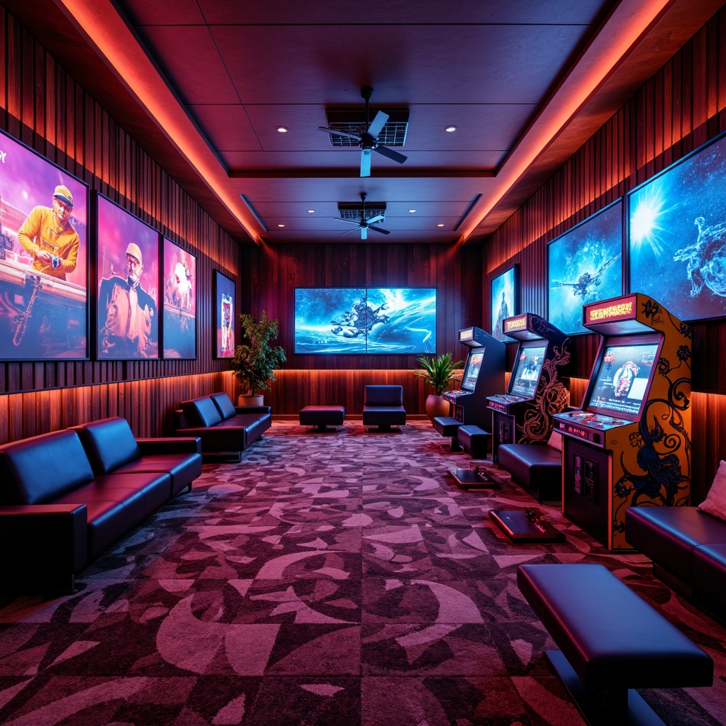 Prompt: Cozy game room, rich wood paneling, comfortable seating, vibrant neon lights, retro arcade machines, sleek gaming consoles, oversized screens, surround sound systems, futuristic sci-fi decor, bold color schemes, dynamic LED lighting, abstract geometric patterns, luxurious velvet fabrics, metallic accents, urban industrial vibe, dimmable warm lighting, shallow depth of field, 1/1 composition, cinematic view, realistic textures.