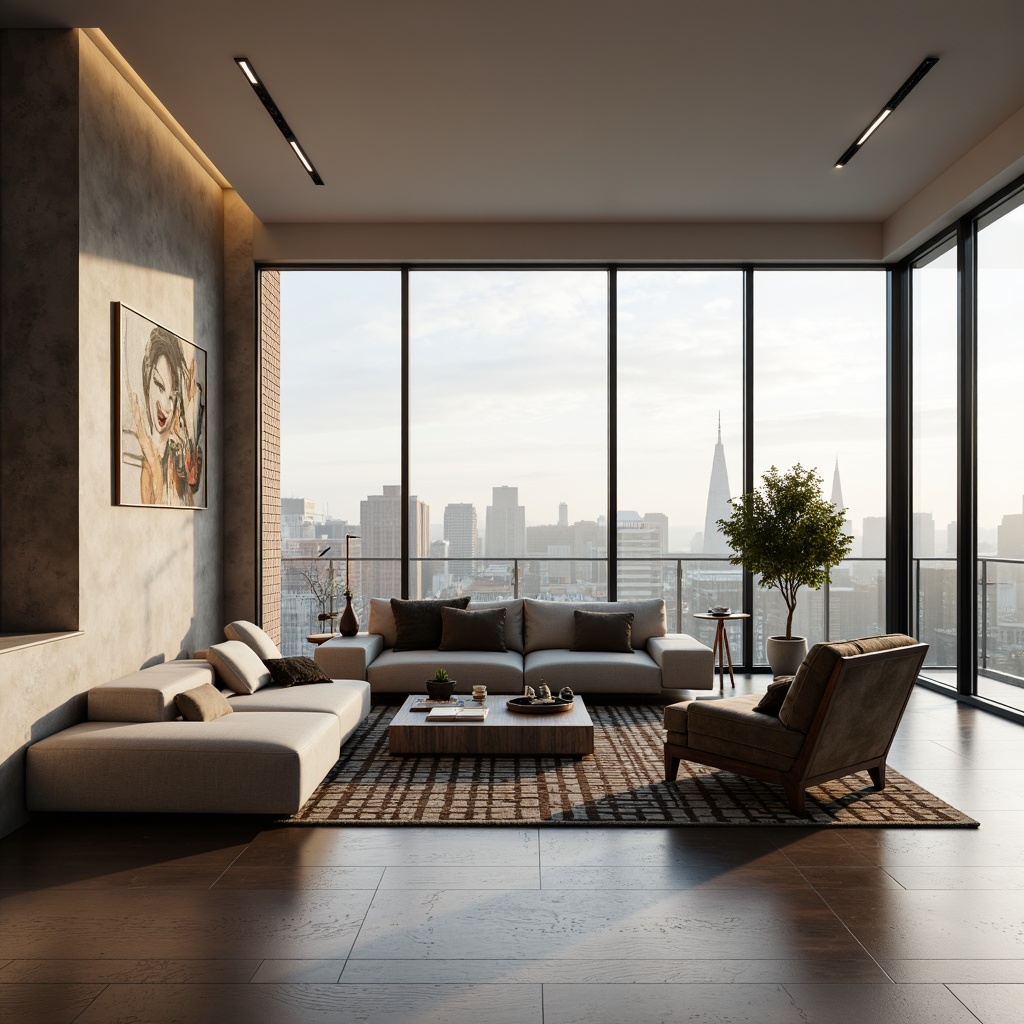 Prompt: Minimalist living room, sleek low-profile sofa, geometric-patterned rug, industrial-chic coffee table, metallic accents, floor-to-ceiling windows, urban cityscape view, soft warm lighting, shallow depth of field, 3/4 composition, realistic textures, ambient occlusion, modern abstract artwork, neutral color palette, luxurious velvet fabrics, polished chrome fixtures, Scandinavian-inspired design, minimalist decor, greenery accents.