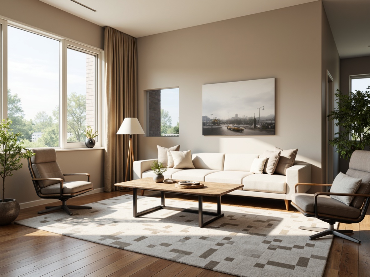 Prompt: Monochromatic living room, sleek low-profile sofa, minimalist coffee table, geometric-patterned rug, industrial metal legs, functional storage units, ergonomic accent chairs, soft pastel-colored throw pillows, modern floor lamps, warm beige walls, large windows, natural daylight, 1/1 composition, shallow depth of field, realistic textures, ambient occlusion.