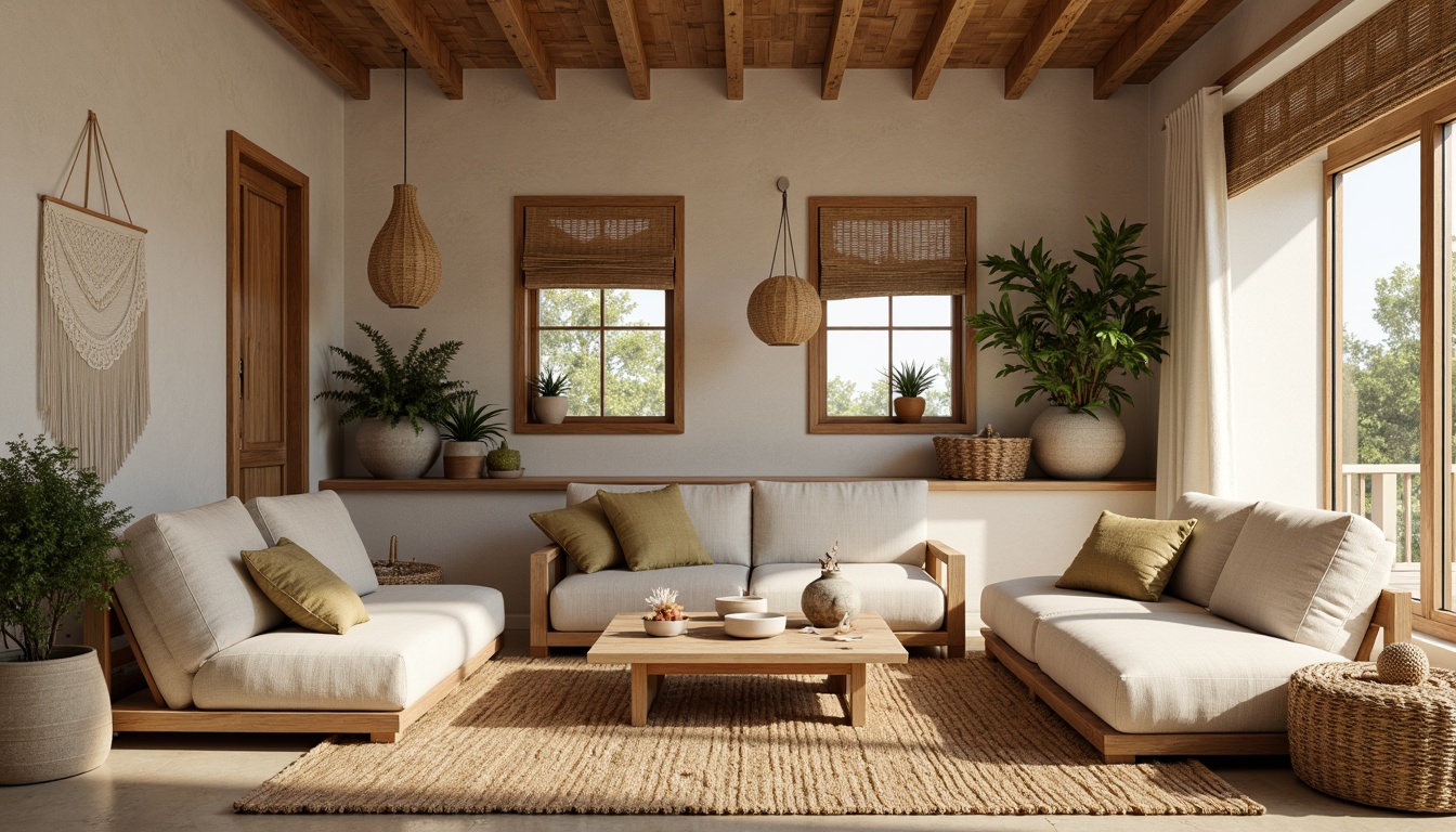 Prompt: Earth-toned living room, reclaimed wood furniture, natural stone walls, woven wicker accents, jute rug, potted plants, organic textiles, linen upholstery, rattan lighting fixtures, bamboo shades, minimalist decor, warm beige color palette, soft diffused light, 1/1 composition, realistic textures, ambient occlusion.