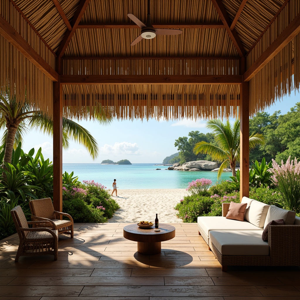 Prompt: Tropical island villa, natural materials, woven bamboo walls, thatched roof, reclaimed wood flooring, rattan furniture, lush greenery, exotic flowers, palm trees, warm sandy beach, clear turquoise water, sunny day, soft warm lighting, shallow depth of field, 3/4 composition, panoramic view, realistic textures, ambient occlusion.