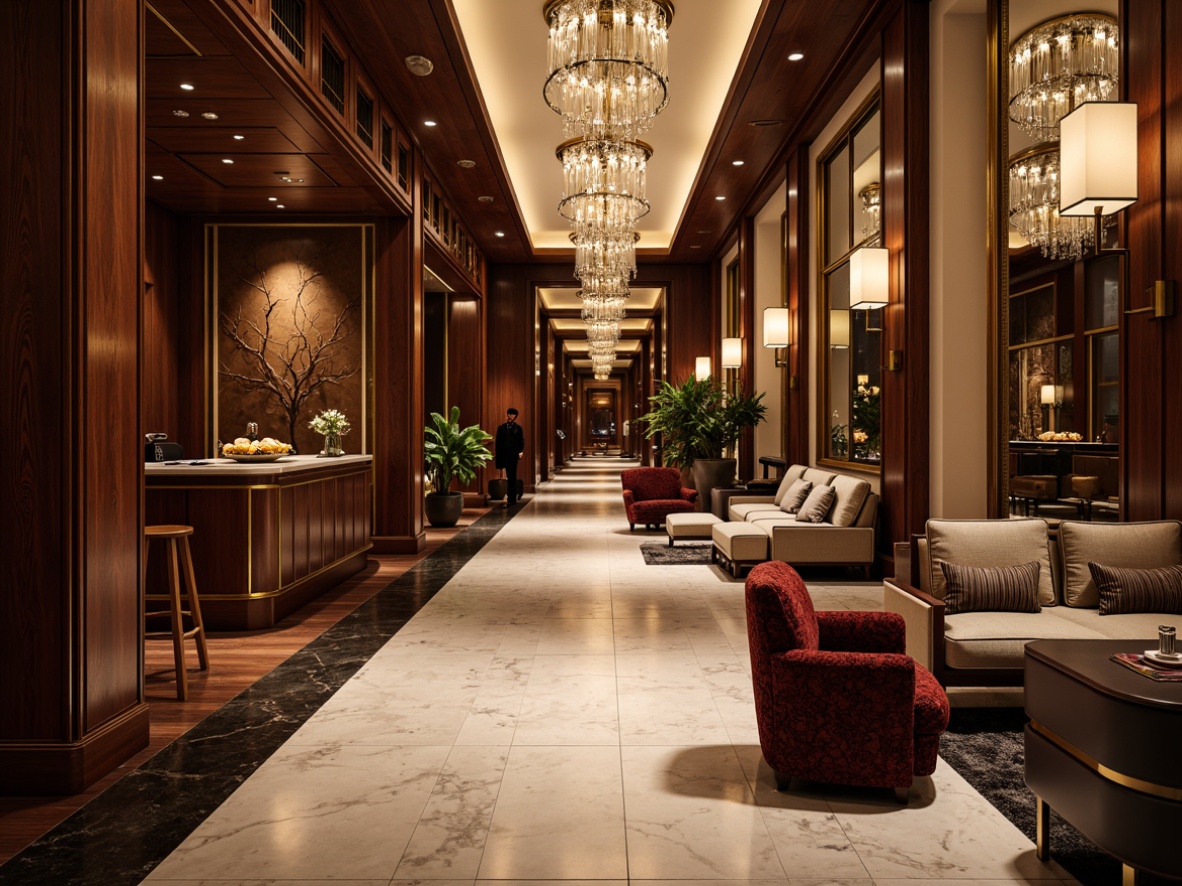 Prompt: Luxurious interior space, polished marble floors, rich wood paneling, metallic accents, glossy finishes, velvet upholstery, ornate mirrors, crystal chandeliers, ambient lighting, 3/4 composition, shallow depth of field, warm color palette, opulent textures, refined elegance.